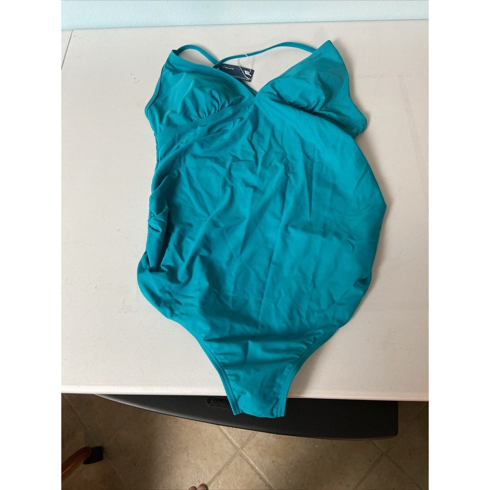 Summer Mae XL Swimsuit One Piece Womens Swimming Teal Blue Ruched V-Neck